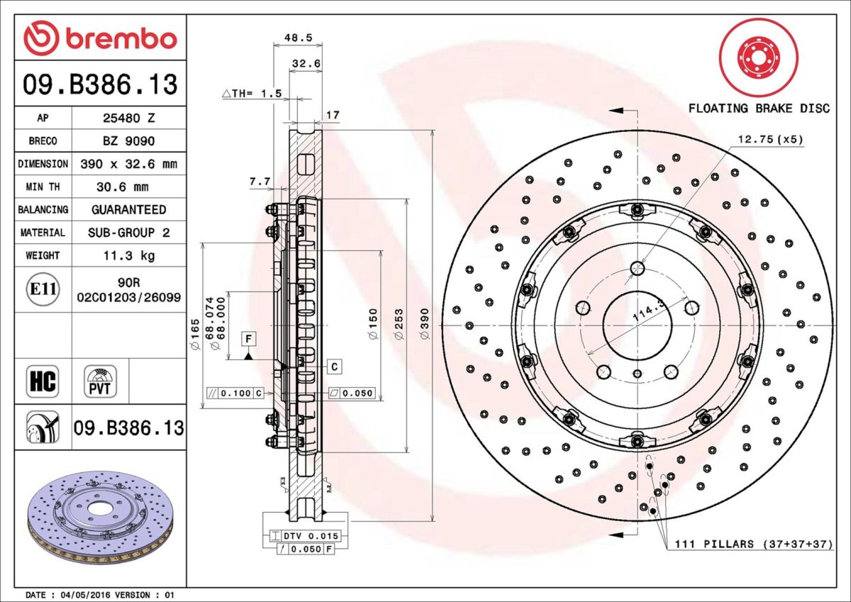 Disco de freno BREMBO 09.B386.13 para Nissan Gt-R