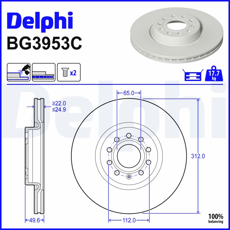 Disco de freno DELPHI BG3953C para Audi A3