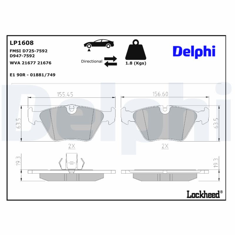 Pastillas de freno de disco DELPHI LP1608 para BMW Serie 5 (E34) 1987-1996
