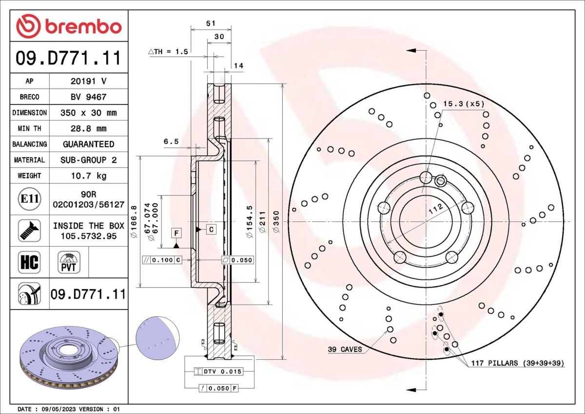 Disco de freno BREMBO 09.D771.11 para Mercedes-Benz Clase A (V177) 2018-