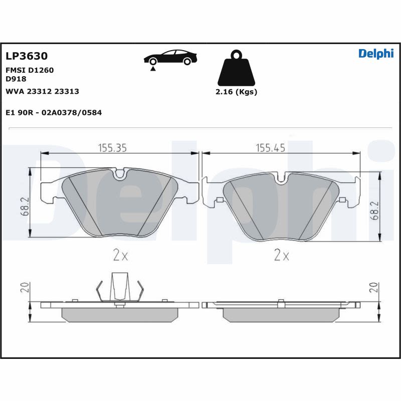Pastillas de freno de disco DELPHI LP3630 para BMW Serie 1 (E82) 2007-2013