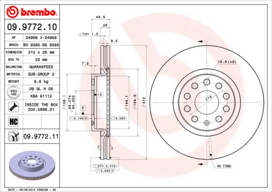 Disco de freno BREMBO 09.9772.11 para Audi A3