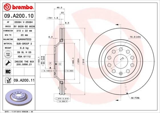 Disco de freno BREMBO 09.A200.11 para Audi A3