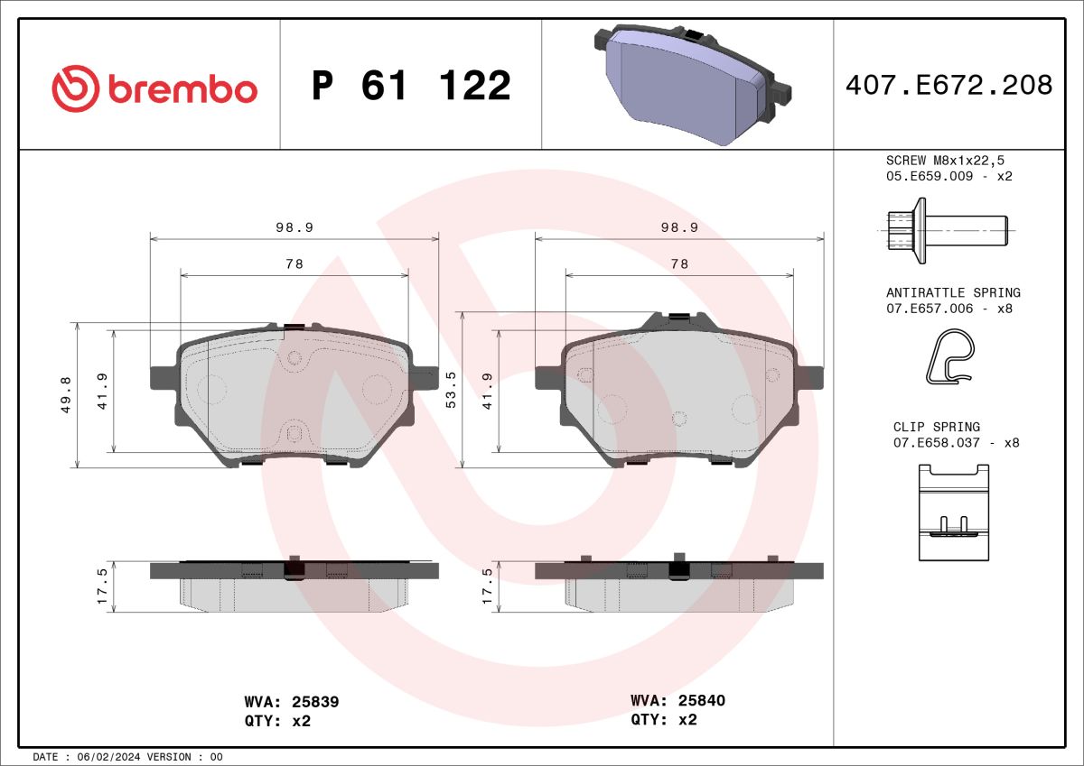 Pastillas de freno de disco BREMBO P 61 122 para Citroen C3 IV