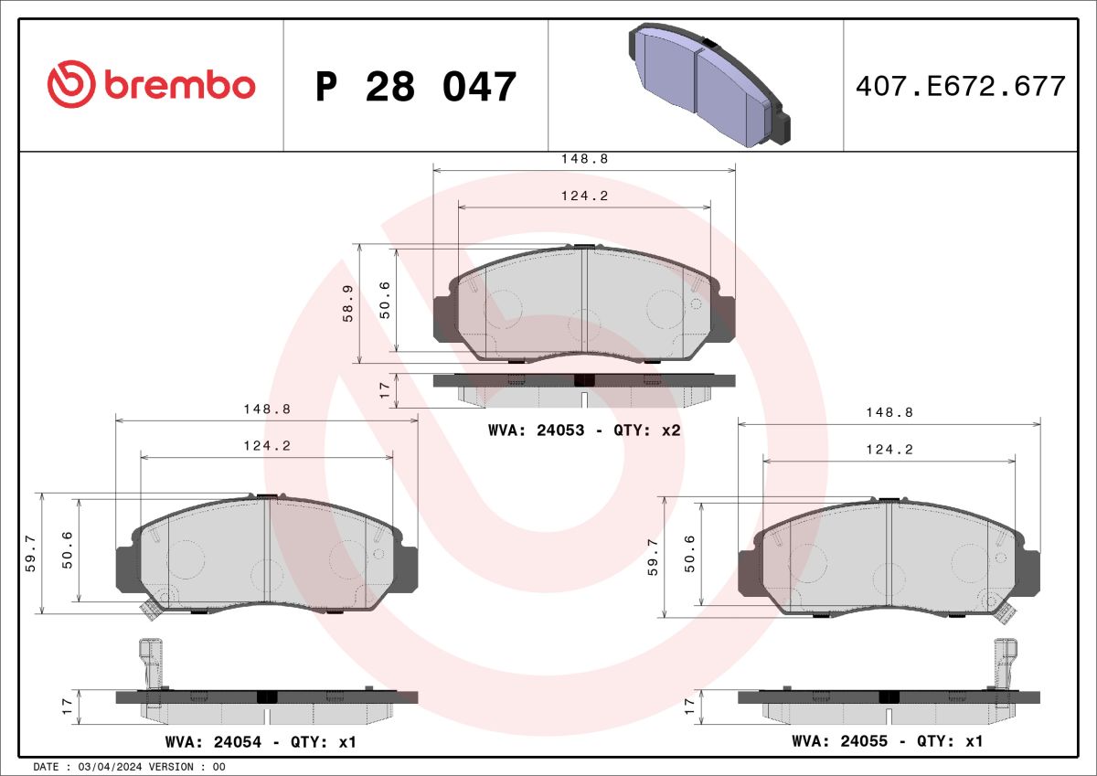 Pastillas de freno de disco BREMBO P 28 047 para Honda CIVIC VII