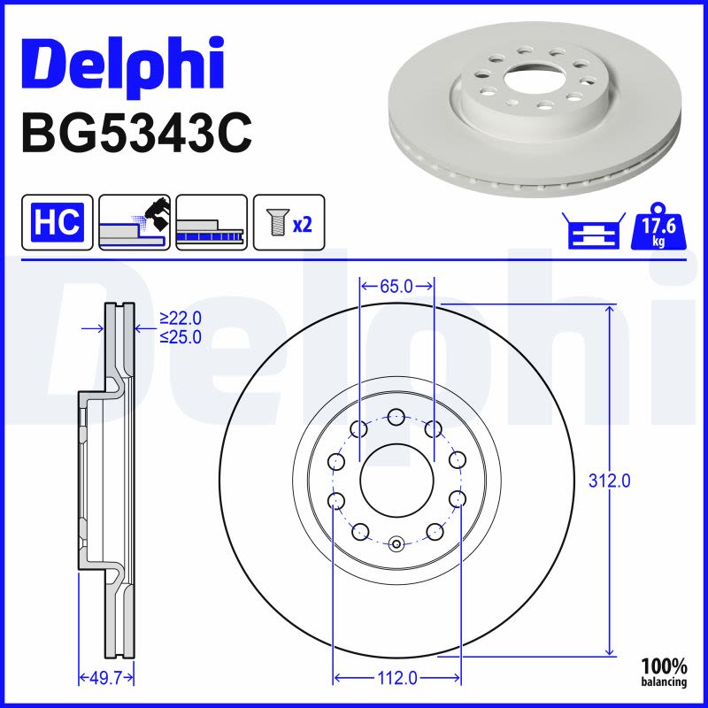 Disco de freno DELPHI BG5343C para Audi A3