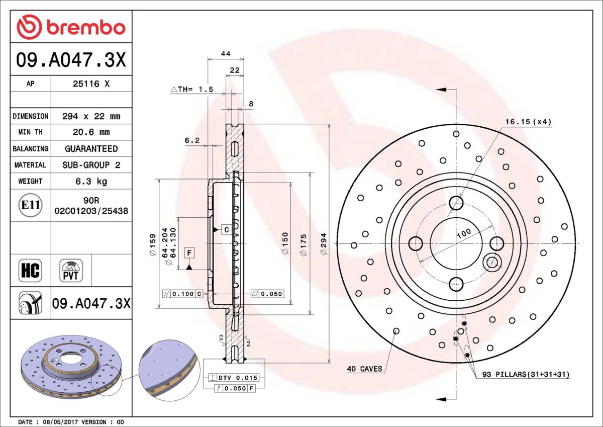 Disco de freno BREMBO 09.A047.3X para Mini Clubman (R55) 2007-2014