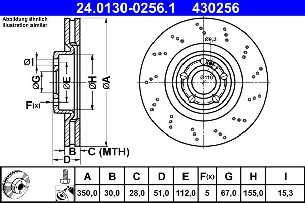 Disco de freno ATE 24.0130-0256.1 para Mercedes-Benz Clase A (V177) 2018-