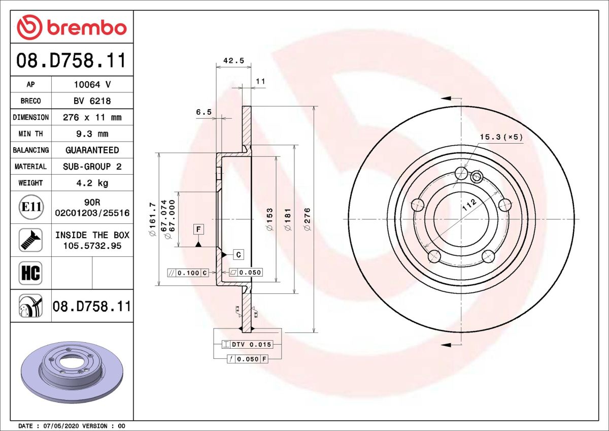 Disco de freno BREMBO 08.D758.11 para Mercedes-Benz Clase A (V177) 2018-