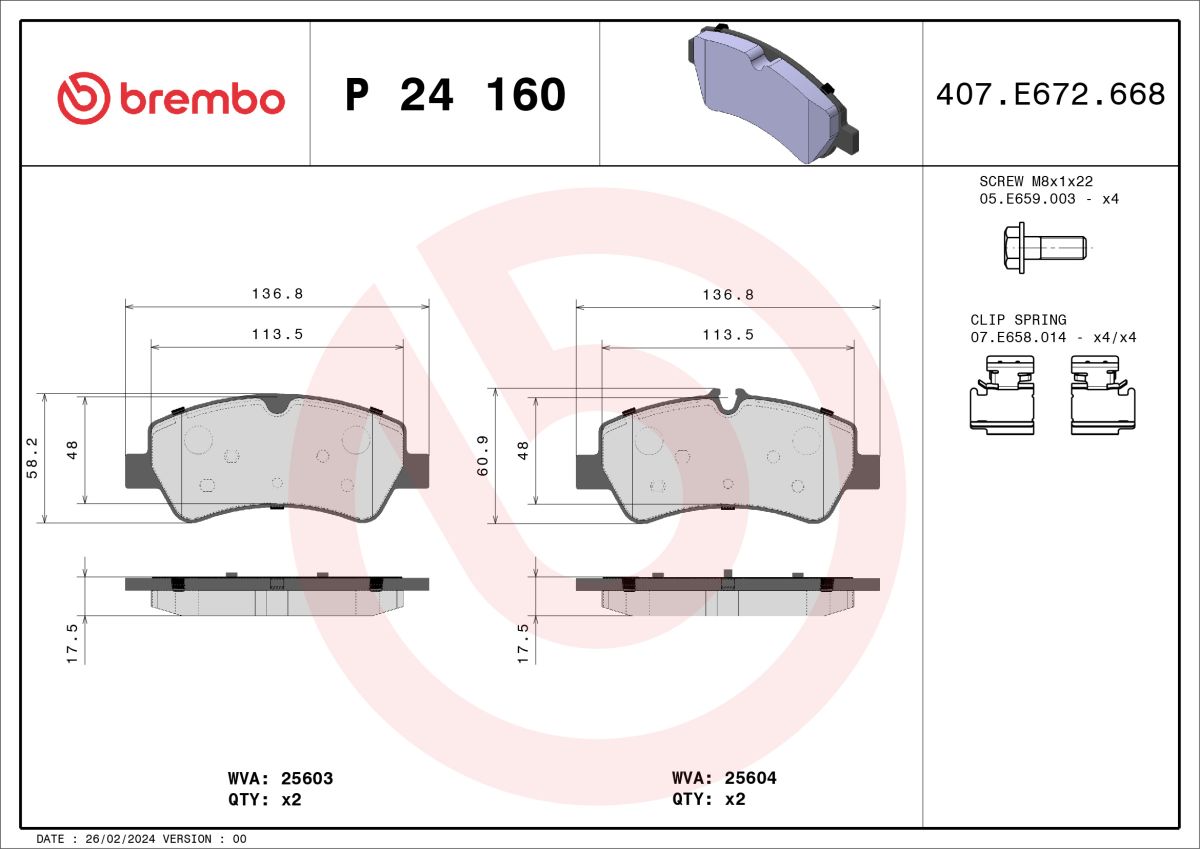 Pastillas de freno de disco BREMBO P 24 160 para Ford Transit V363