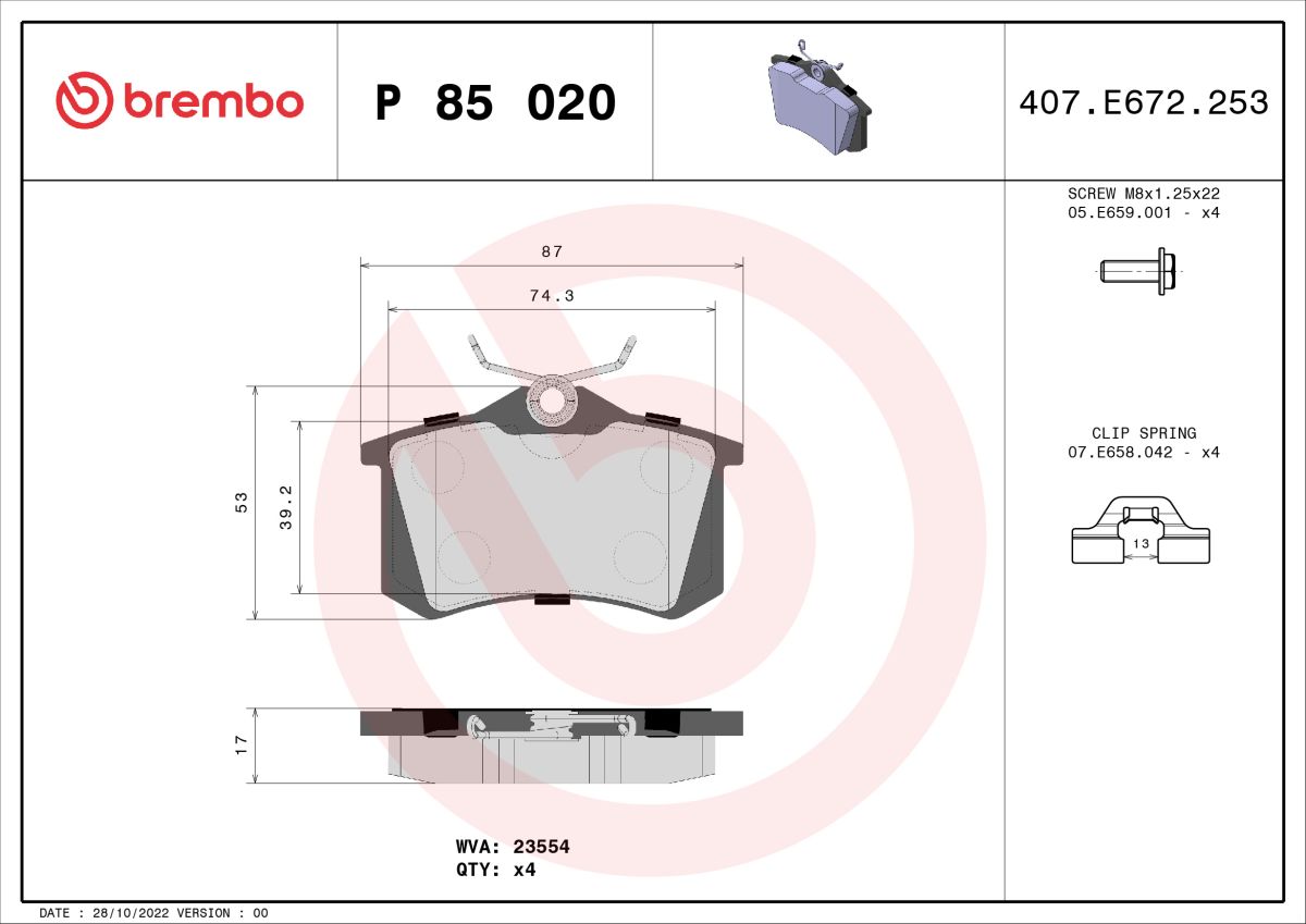 Pastillas de freno de disco BREMBO P 85 020 para Audi A3