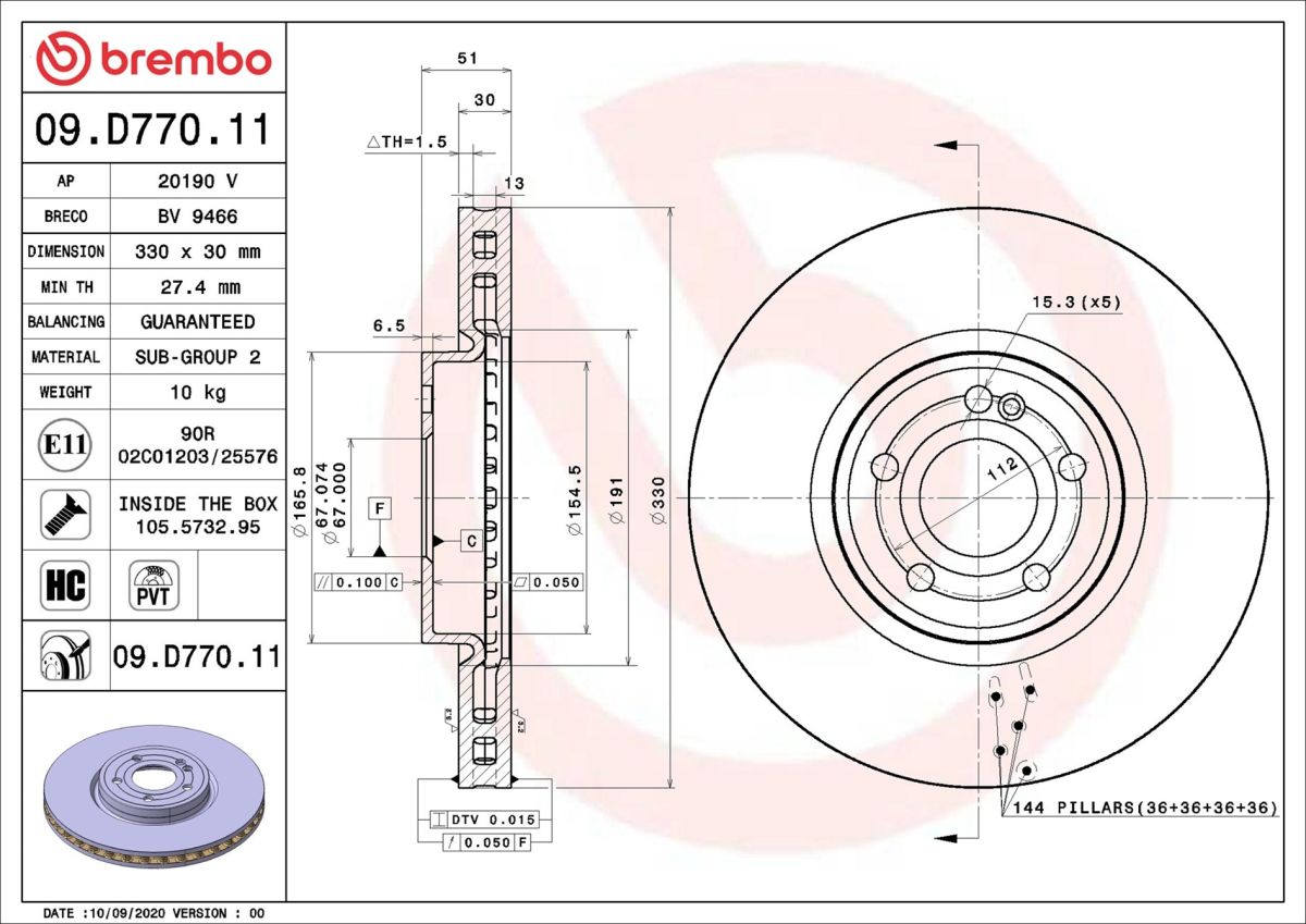 Disco de freno BREMBO 09.D770.11 para Mercedes-Benz Clase A (V177) 2018-