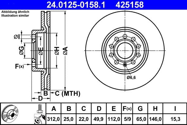 Disco de freno ATE 24.0125-0158.1 para Audi A3