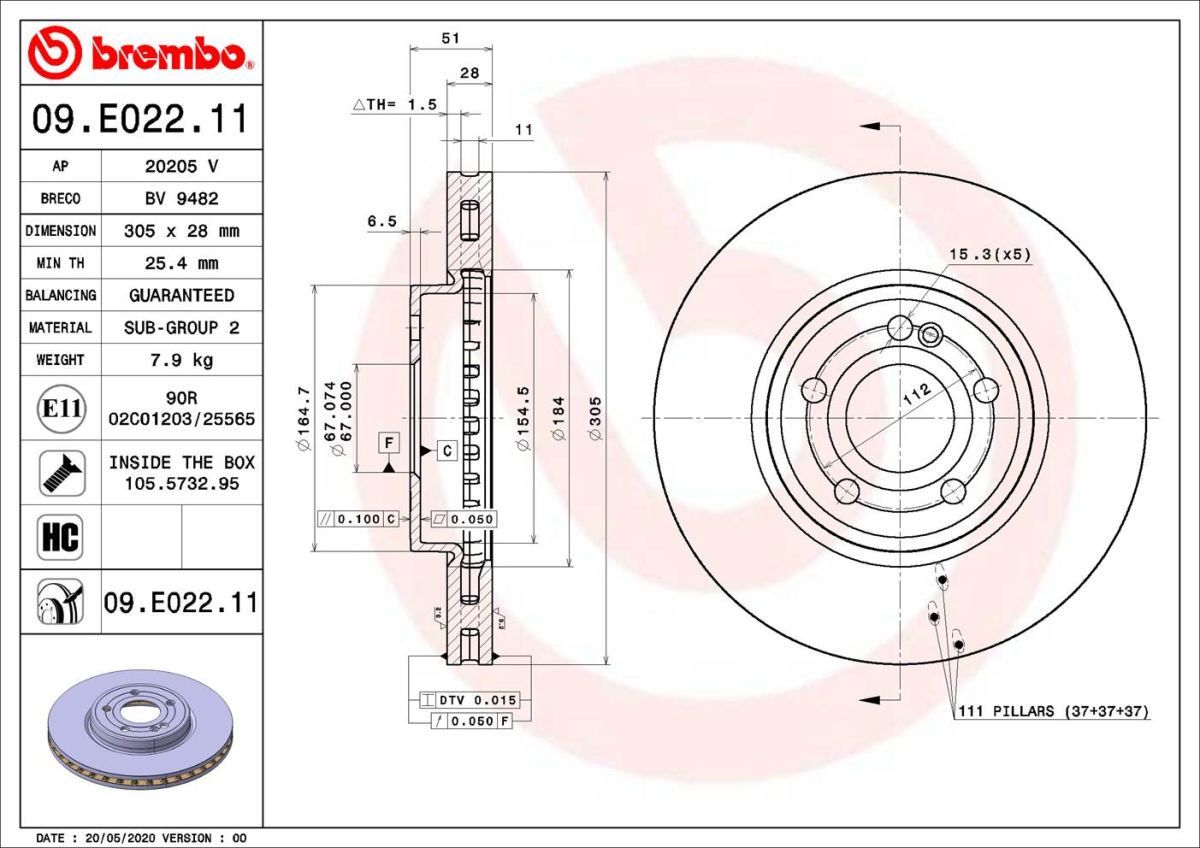 Disco de freno BREMBO 09.E022.11 para Mercedes-Benz Clase A (V177) 2018-