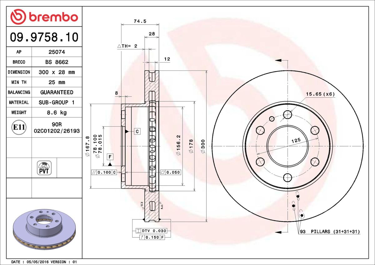 Disco de freno BREMBO 09.9758.10 para Iveco Daily V
