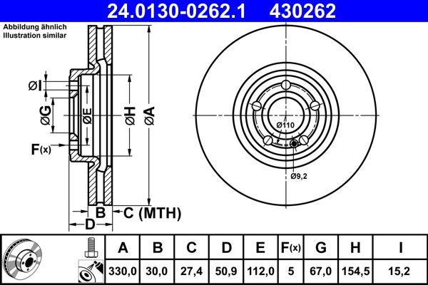 Disco de freno ATE 24.0130-0262.1 para Mercedes-Benz Clase A (V177) 2018-